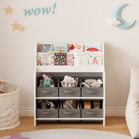 Kids Bookshelf With 6 Fabric Storage Bins, Multi-Functional Children's Bookcase And Toy Organizer, Front-Facing Display Shelf For Playroom, Bedroom Or Nursery - White & Gray