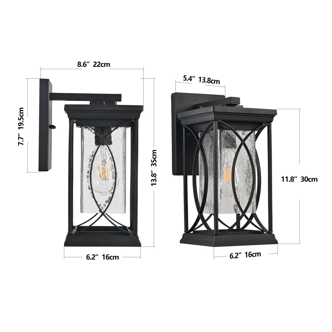 14in H 1-pack Black Outdoor Wall Lantern With Crackled Glass, Weather-Resistant Exterior Light Fixture For Porch, Patio, And Entryway, Modern Decorative Wall Sconce With E26 Base  Bulb Not Included