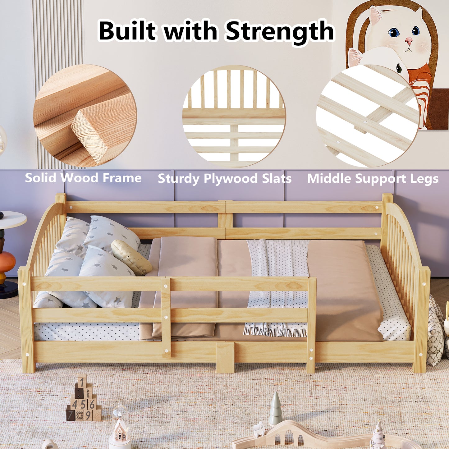 Twin Montessori Floor Bed With Slats And Safety Guardrails, Solid Wood Floor Bed With Fence And Without Door, Easy Assemble Montessori Bed For Girls And Boys, Natural
