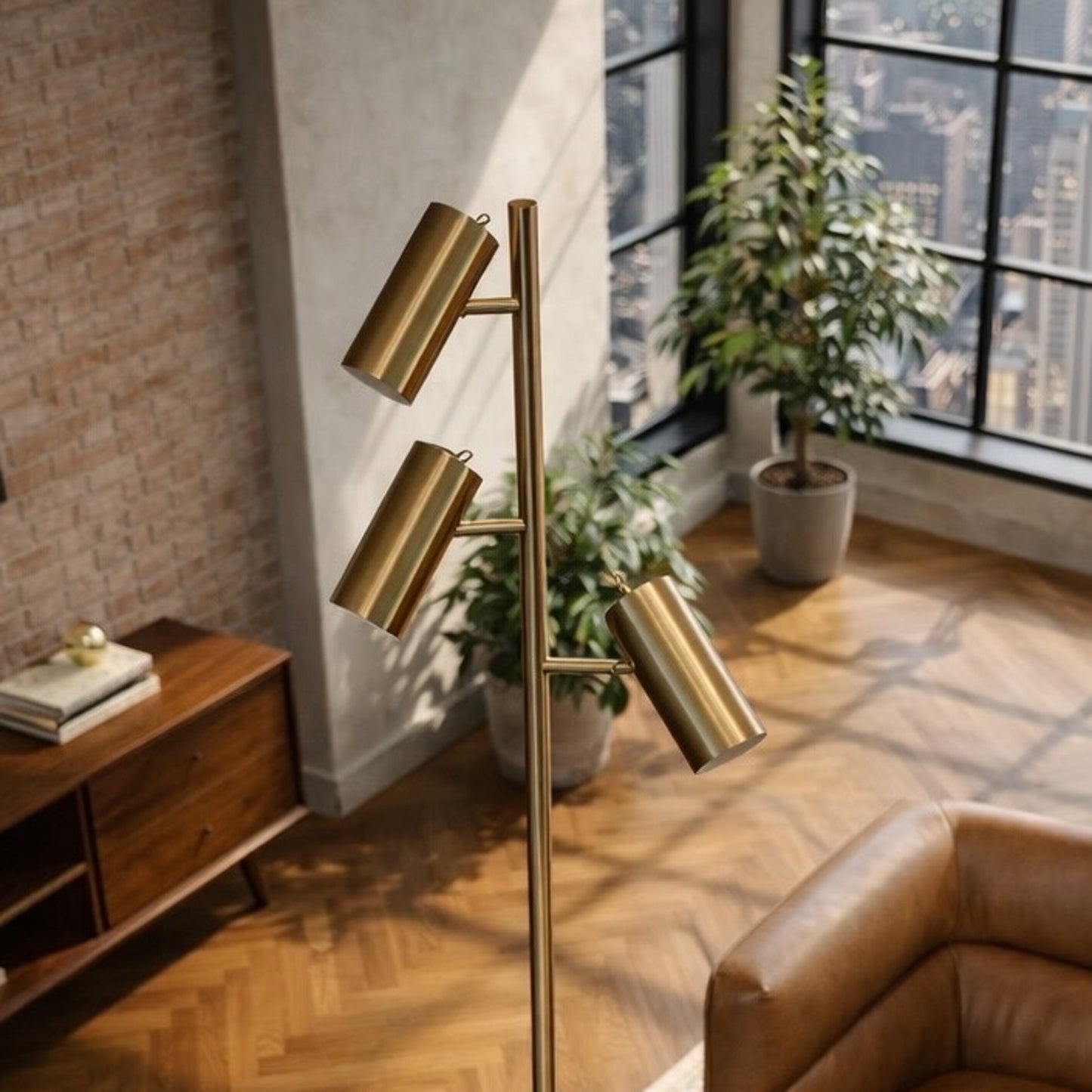 Lumina Brassed Gold Floor Lamp With Rotary  Triple Spots Metal Cone Base