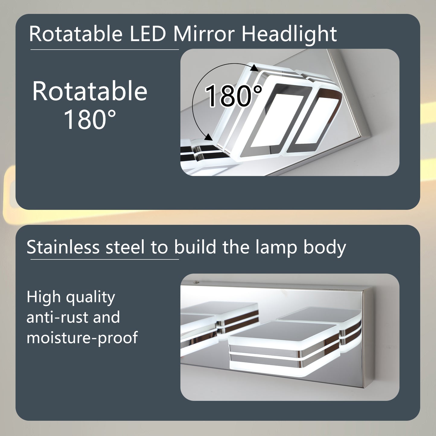 39in  Modern Chrome 6-Light LED Vanity Light, Square Acrylic Lampshades Wall Mount Fixture For Bathroom, Mirror Lighting