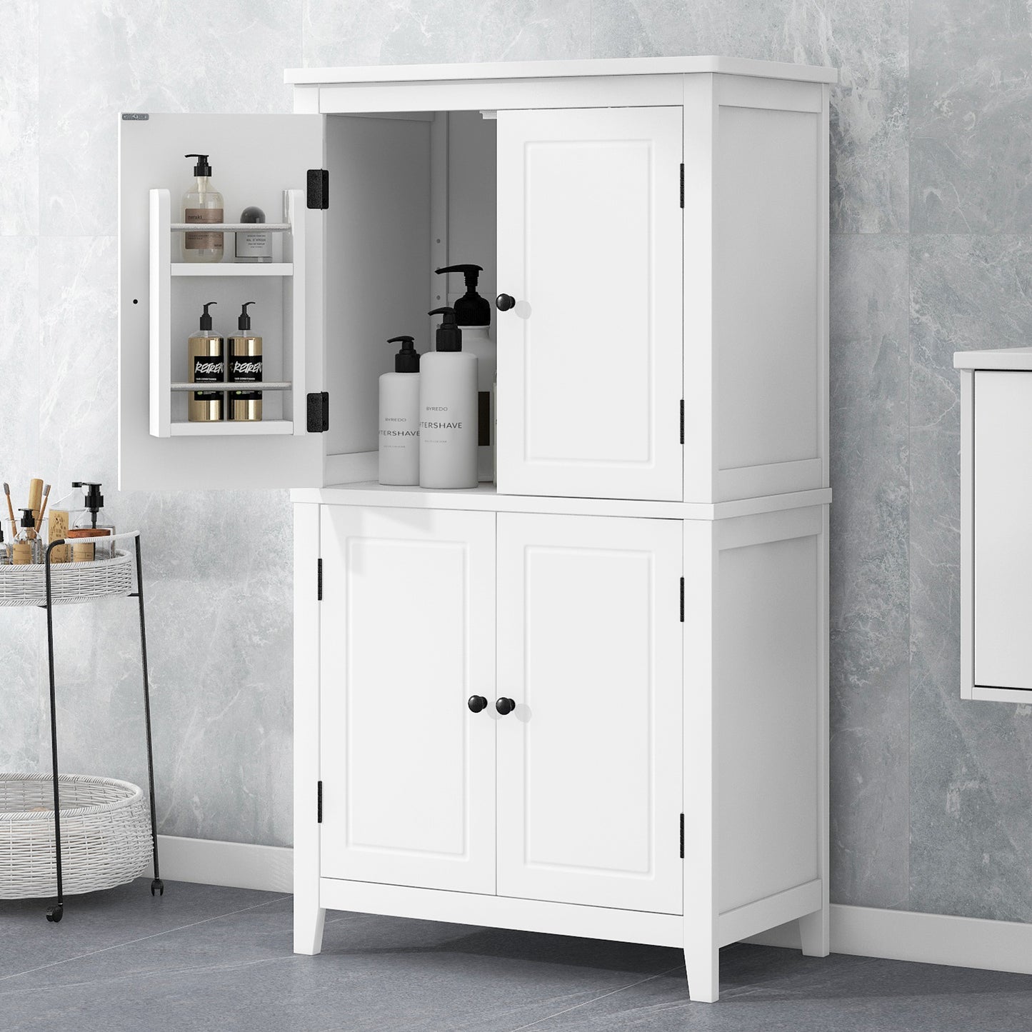Elegant Bathroom Floor Storage Cabinet, Bathroom Storage Unit, Freestanding Cabinet With 4 Doors, Adjustable Shelves, Adaptable Shelves, White
