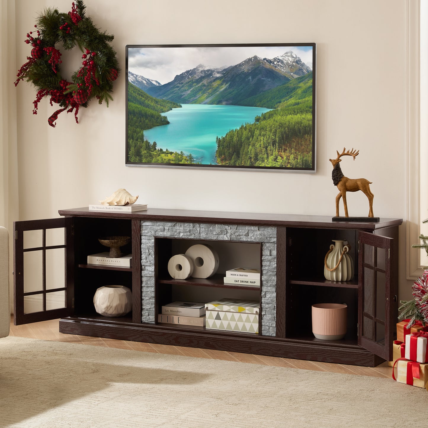 70  Modern TV Stand With 2-Door Storage, Faux Stone Media Console Cabinet, Cherry Large Entertainment Center For Living Room