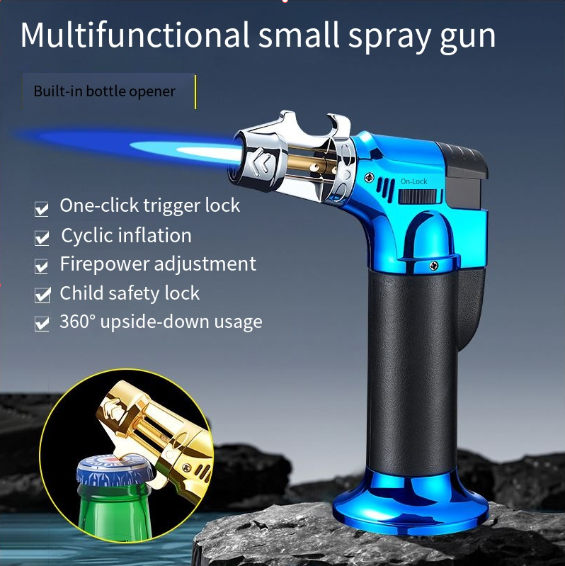 Black Straight-stream Spray Gun With Built-in Bottle Opener, Lighter, Windproof Cigar Holder, Outdoor Portable Barbecue And Baking Kit.