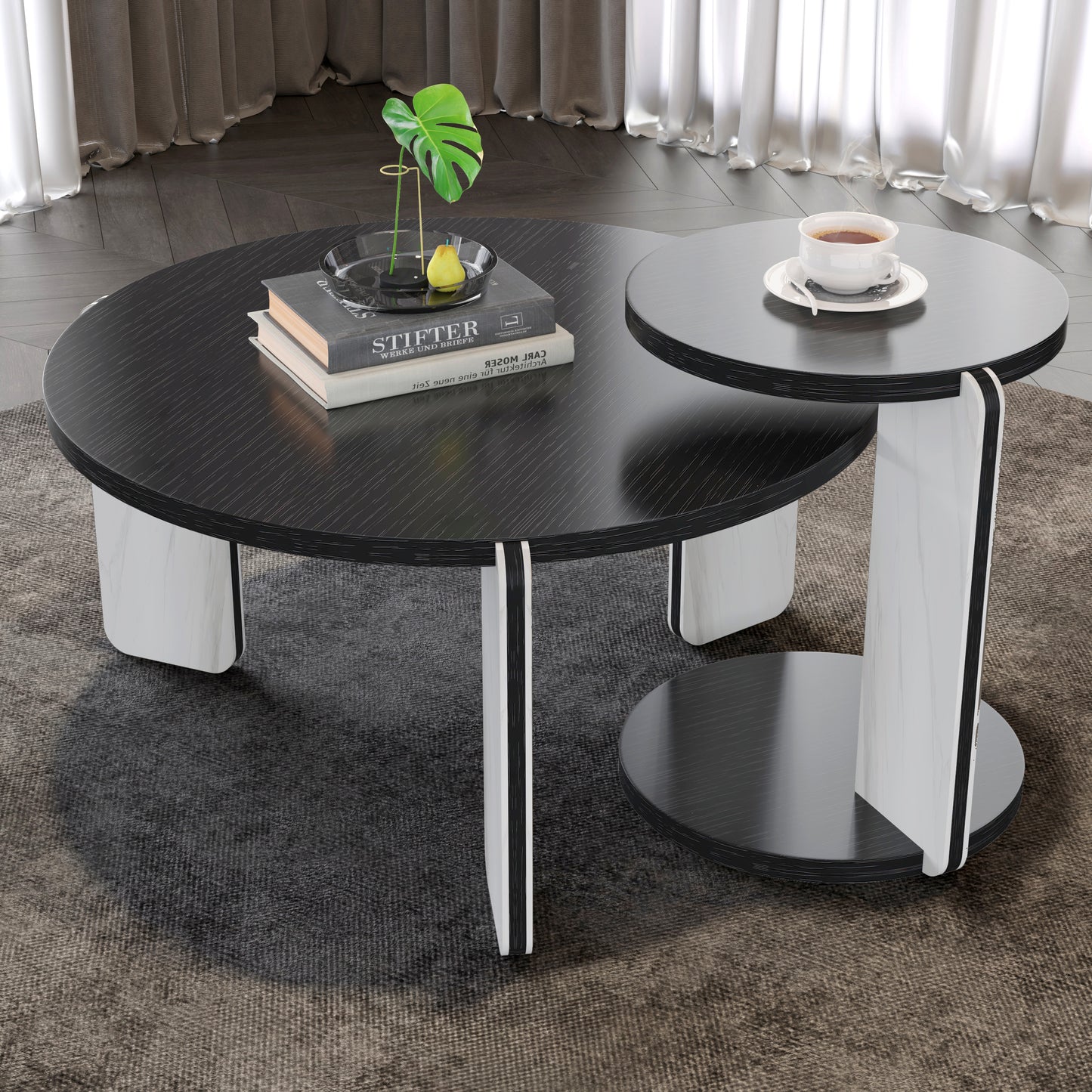 32.68& 16.93 Round Coffee Table End Table Sofa Table Side Table Set With Black OAK Veneer Surface 25mm MDF For Living Room Dinning Room Bedroom,Sintered Stone Legs White Black, 83 43cm Diameter