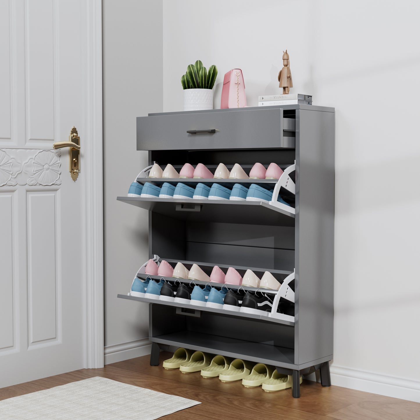 Shoe Storage Cabinet For Entryway, Free Standing Shoe Organizer With 2 Flip Drawers, Hidden Shoe Rack Storage Organizer For Doorway Hallway Closet, Gray