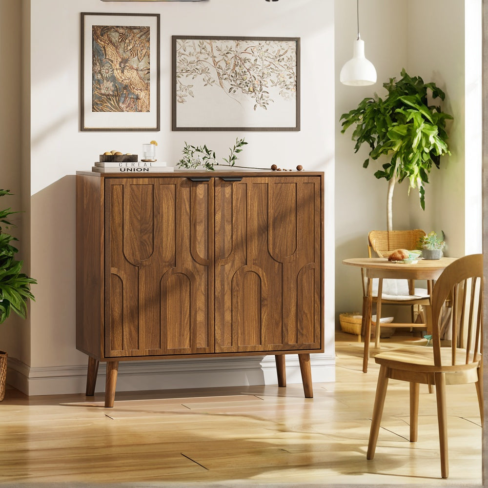 Sideboard Buffet Cabinet With Storage, Farmhouse Buffet Cabinet With Paper Clip Design, Wood Coffee Bar Storage Cabinet For Kitchen, Dining Room, Living Room, Entryway, Walnut,31.5  W