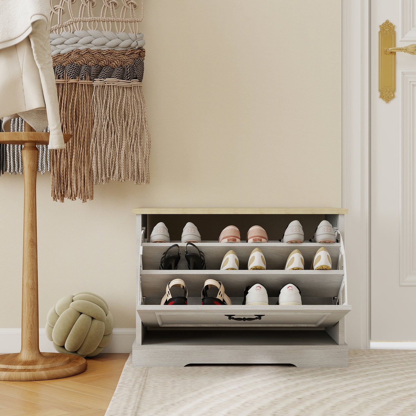 Shoe Storage Bench With 1 Flip Drawer And Adjustable Shelf, Small Shoe Cabinet  For Entryway, Hallway, Bedroom-Antique White