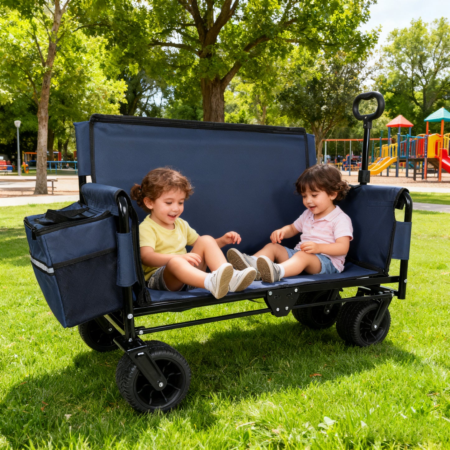 3- In- 1 Folding Wagon Cart With Bench Seat & Storage  Patent Protection-  Includes 1 Ice Pack  500lbs Heavy- Duty  180L Capacity All- Terrain Wheels For Camping  Beach  Sports  Garden  Dark Blue