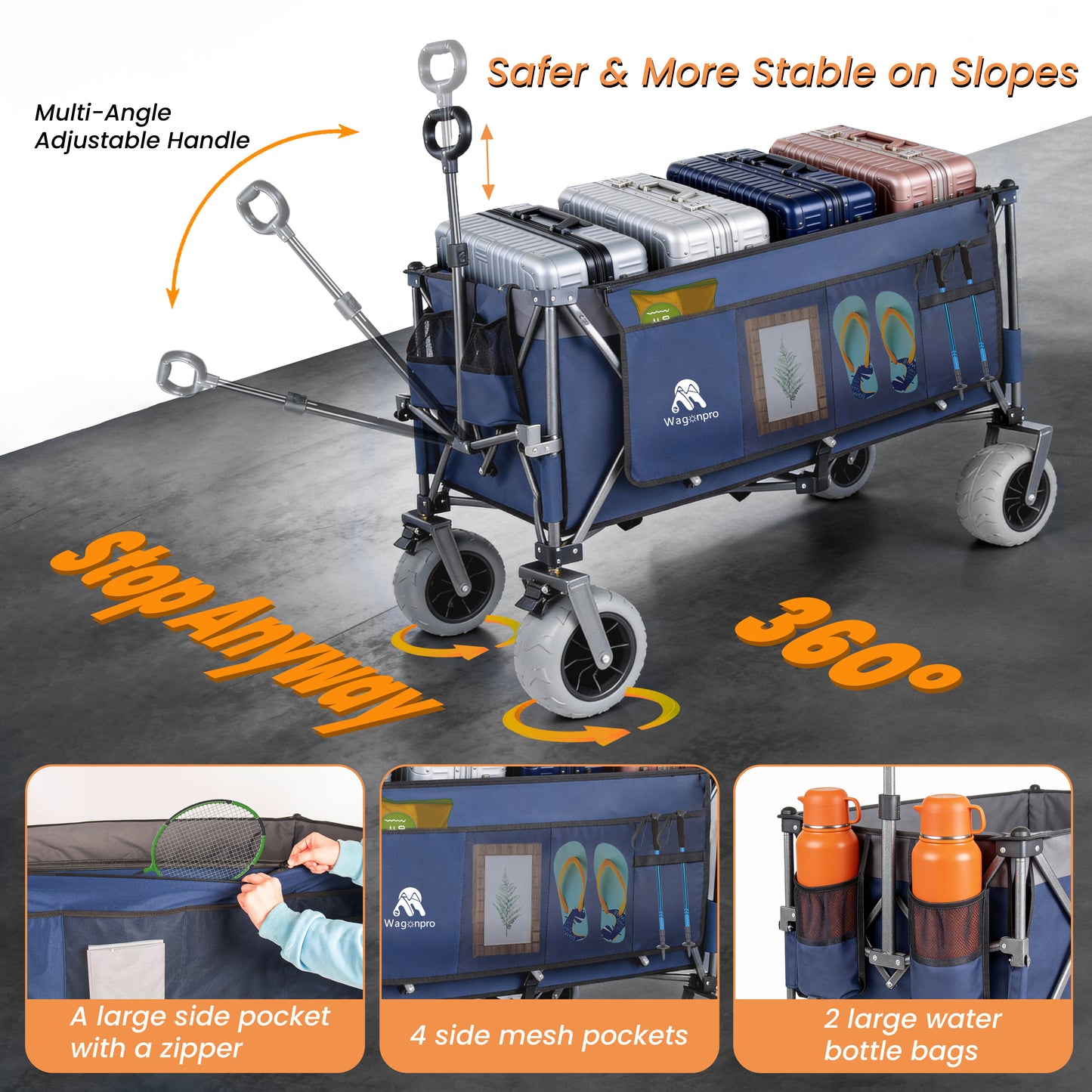 52- Inch Extended Heavy- Duty Foldable Utility Wagon  560lbs  Patented Ultra- Stable Frame  1-6 Space- Saving Fold  Portable And Collapsible For Beach  Sports  And Garden Use  Dark Blue Gray