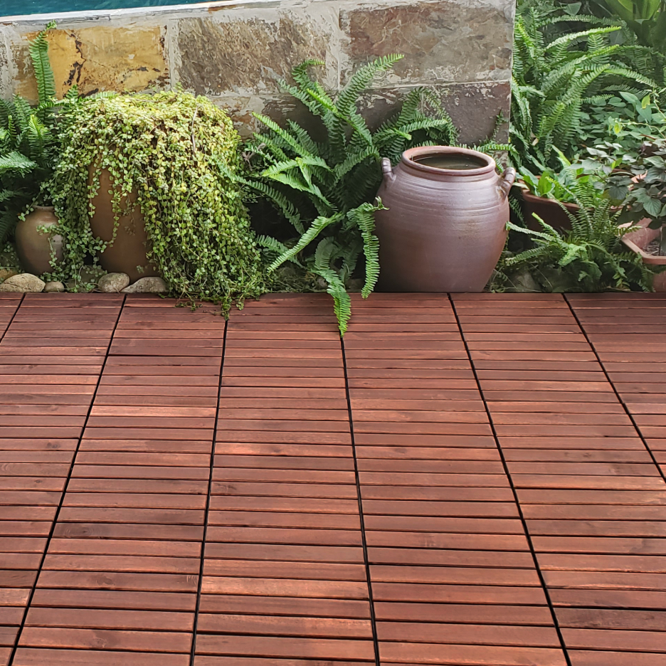 Acacia Wood Interlocking Deck Tiles Striped Pattern, 20 PCS 12inch X 12inch Square Acacia Hardwood Outdoor Flooring For Patio, Bancony, Pool Side