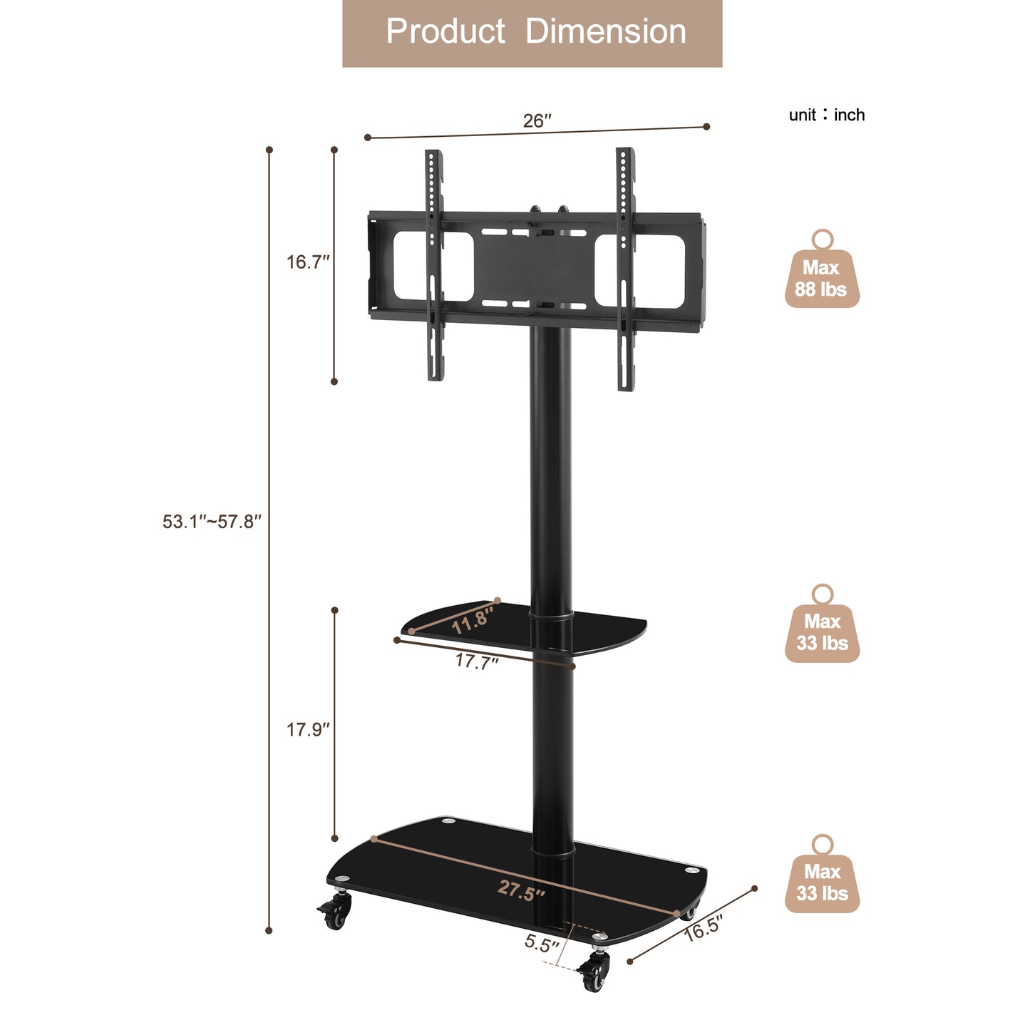 Height And Angle Adjustable Multi-Function Tempered Glass Metal Frame Floor With Lockable Wheels Mobile TV Stand, LCD Plasma TV Bracket  2 Tier Tempered Glass Shelves For Multiple Media Devices