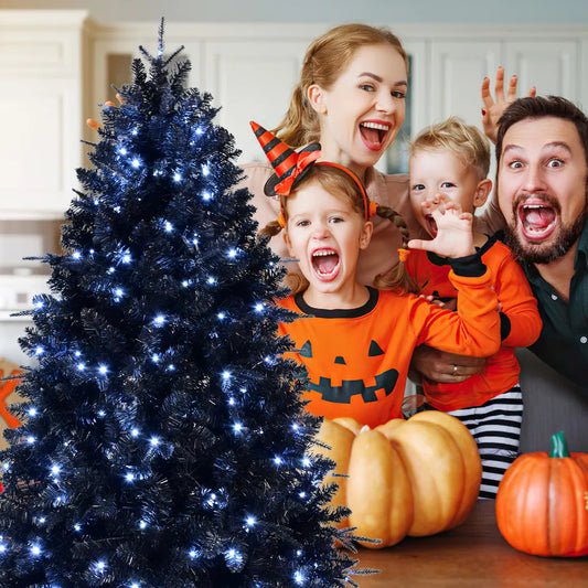 Artificial 6ft Black LED-lit Christmas Tree With 1460PE&PVC Mixed Branch Tips,Hinged Premium & Foldable Base For Indoor Holiday Decorating