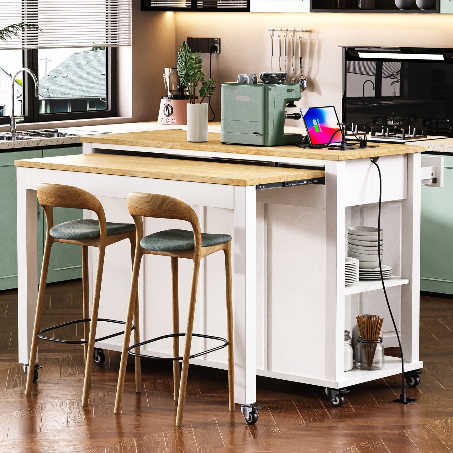 K&K 47 Inch Kitchen Island With Extendable Dining Table, Rubber Wood Veneer Kitchen Table With Internal Storage Rack, Power Outlet, Kitchen Island With Storage 2 Drawers 2 Cabinet,White