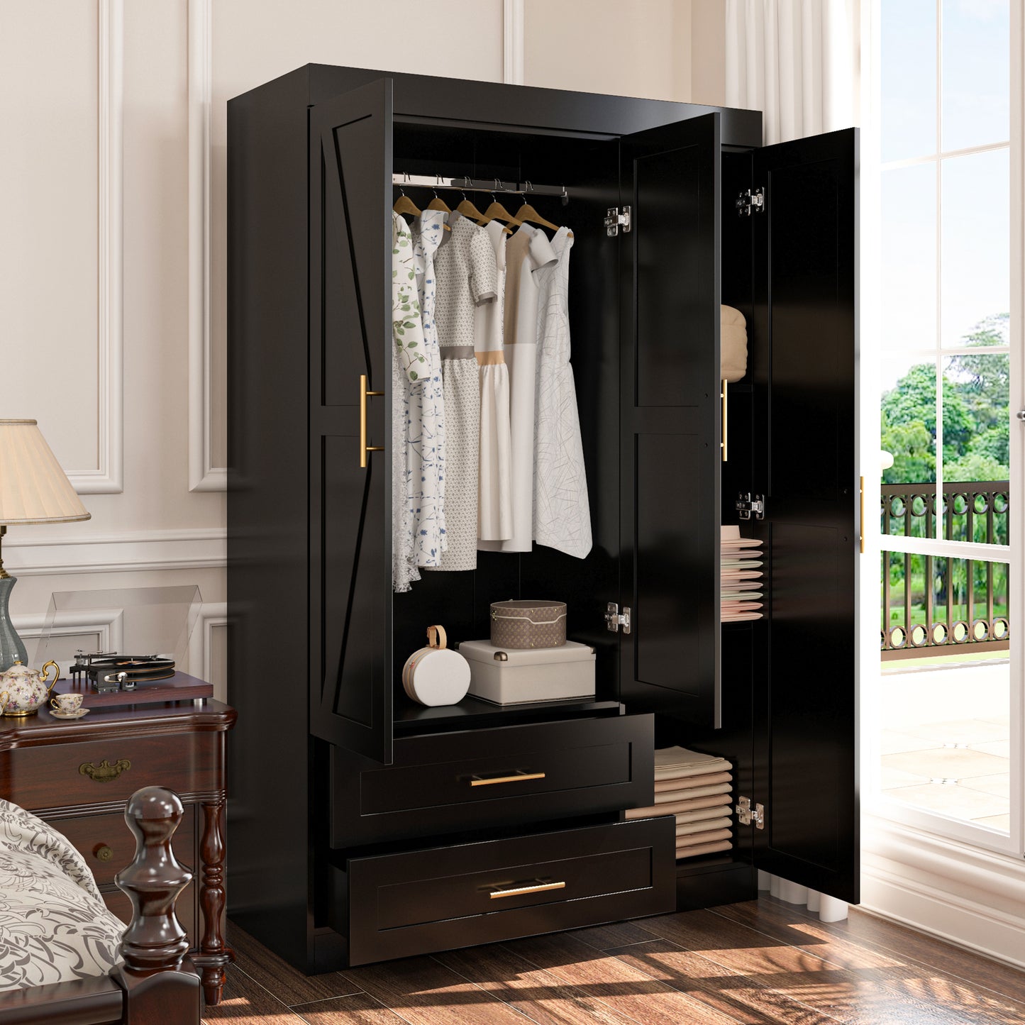 Shaker Style Classic Three-Door Wardrobe, Wood Bedroom Armoire With Hanging Rod And Shelves, Spacious Storage Closet, Modern Farmhouse Design