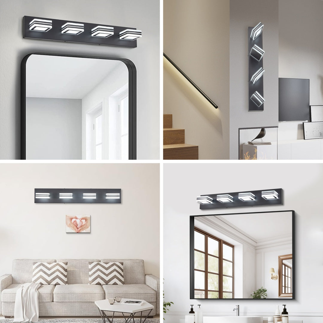 26  Modern Black 4-Light LED Vanity Light, Square Acrylic Lampshades Wall Mount Fixture For Bathroom, Mirror Lighting