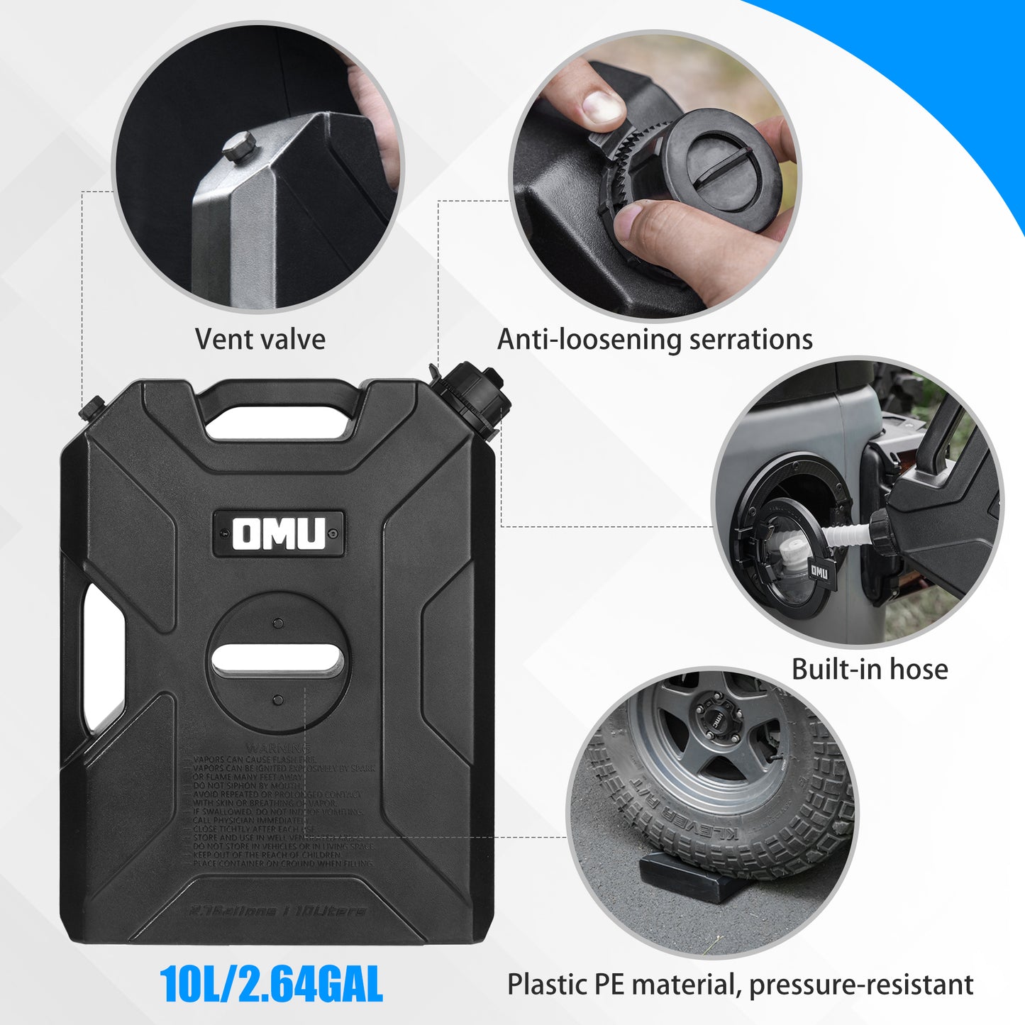 OMU 2.64 Gallon 10L Door Hinge Gasoline Container And Mount Set Compatible With 2007-2026 Jeep Wrangler JK JL JT, Gasoline Pack Mount Backing Plate With Snapin Spout Backup Petrol Water Storage Can