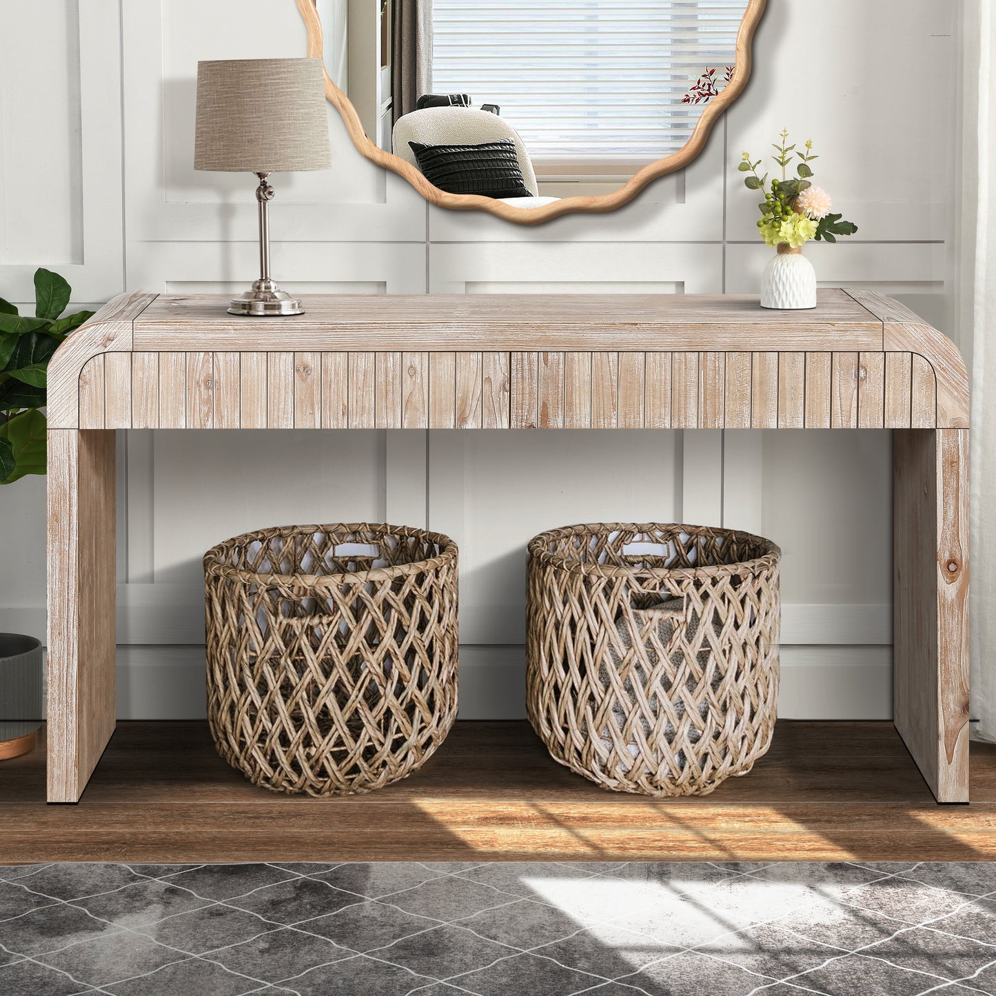59 Vintage Crafted Entryway Table,Two Hidden Handle Drawers,Farmhouse Console Table ,Easy Assembly,for Entrance & Dinning Room & Living Room & Hallway Natural Wood Washed