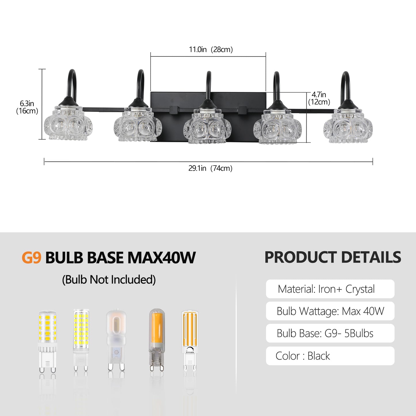 29  Retro 5-Light Bathroom Vanity Light Fixture - Black Finish With Crystal Glass Shades, Wall Mounted Lighting For Bathroom, Powder Room, And Vanity Mirror  No Bulbs