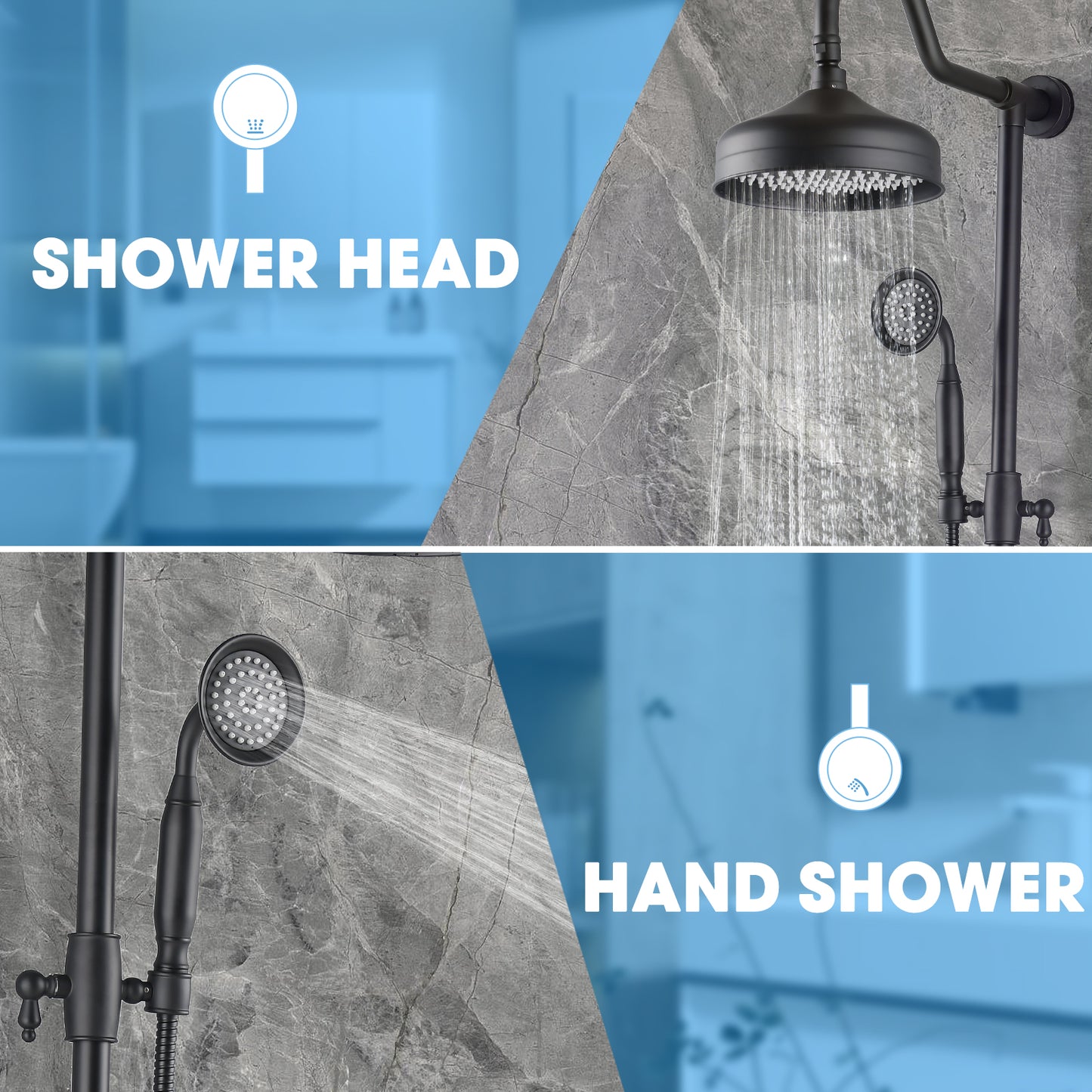 8-Inch Complete Rain Shower Combo System, Air-Injection Rainfall Spray, 3-Function Hand Shower, Wall Mounted In Matte Black