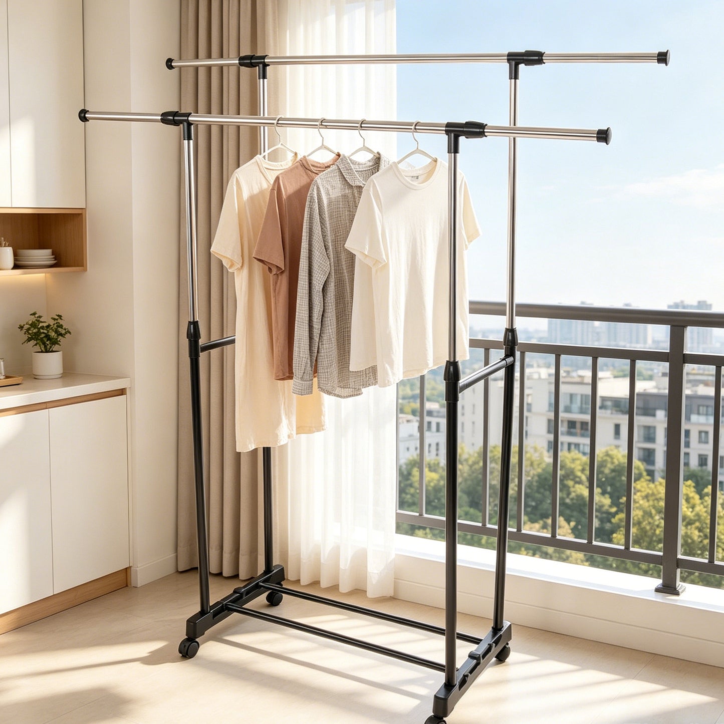 Clothes Garment Rack Rolling Portable Hanging Rack,Double Rail Adjustable Extendable Hanger Rail Stand Collapsible Clothing Rack Shelf With Lockable Wheel