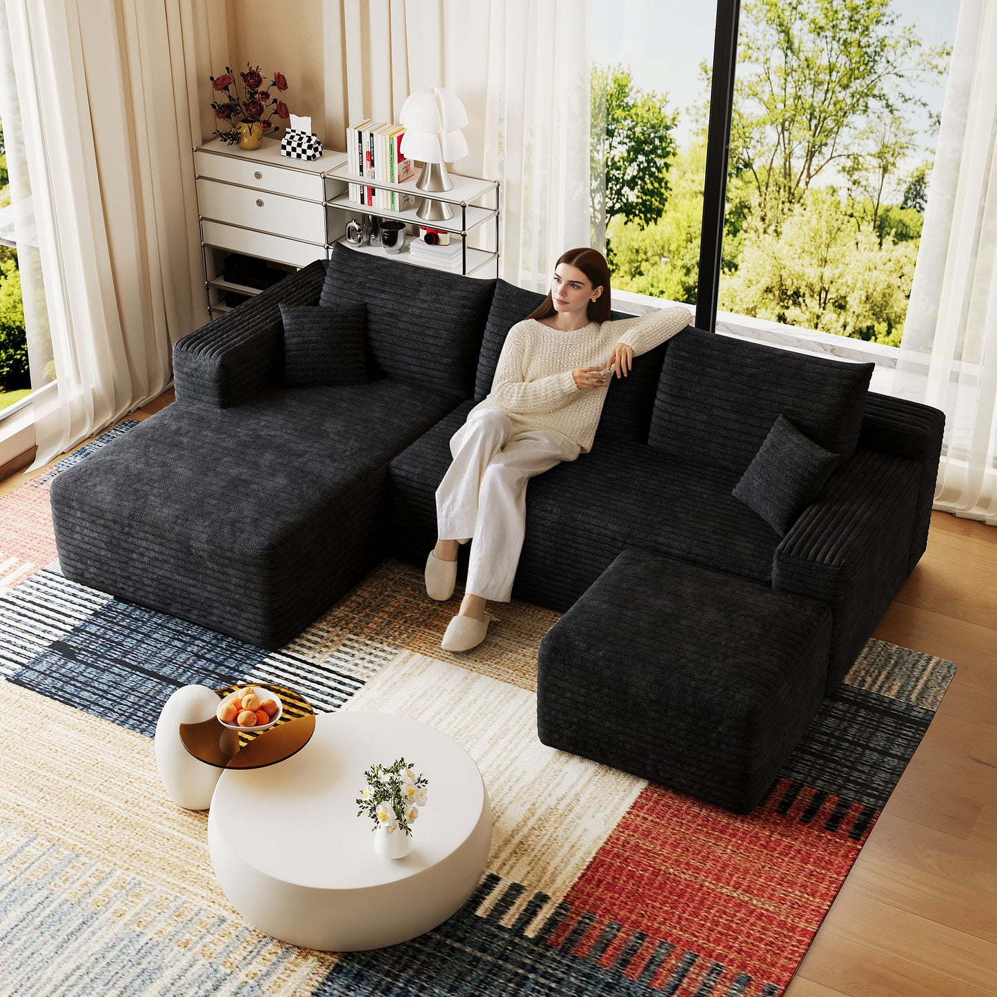 95  Cloud Sectional Sofa With 1 Ottoman,Modern Minimalist Upholstered Couches, Comfort U Shaped Sofa For Living Room,Deep Seat Corner Couch,No Assembly Required,Black  Plush Corduroy Fabric
