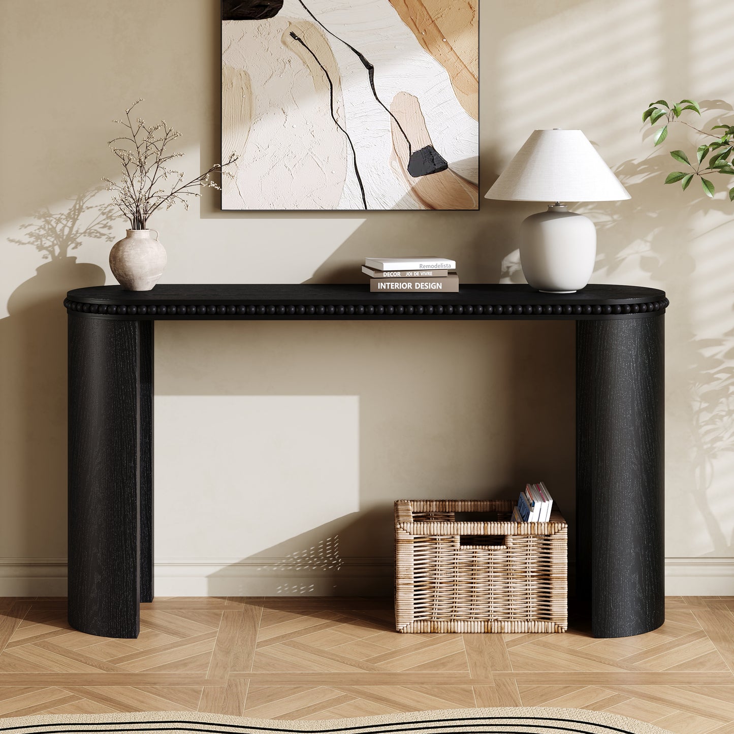 Mirod Vintage Console Table With Beaded Trim And Reversible Curved Legs, Natural Wood Veneer Finish  Entryway Accent Table For Hallway, Living Room, Or Behind Sofa