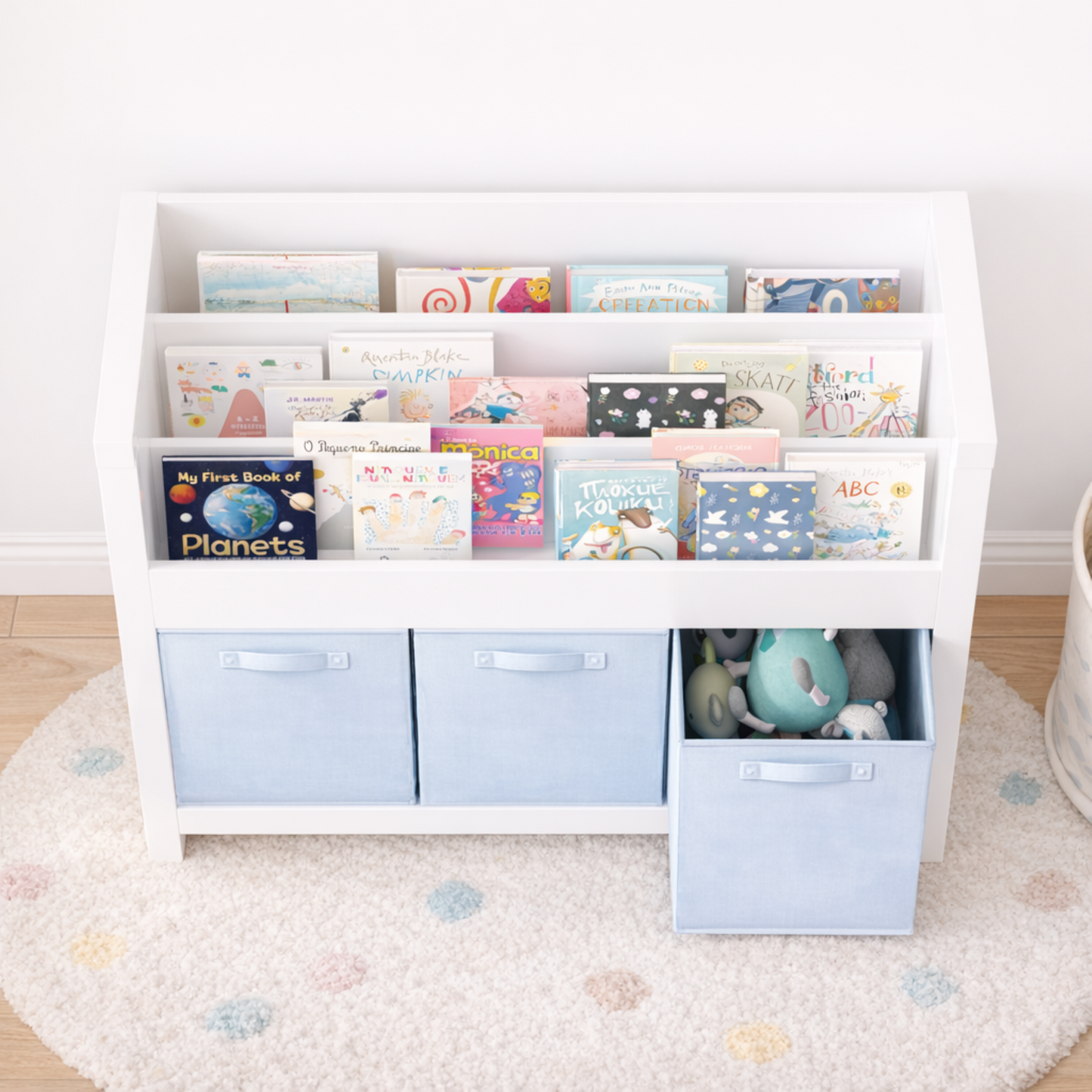 Kids Bookshelf With 3 Tier Front-Facing Storage And 3 Fabric Bins, Wooden Toddler Bookcase For Playroom, Nursery, Bedroom  Kids Book Organizer Shelf For Toys And Books