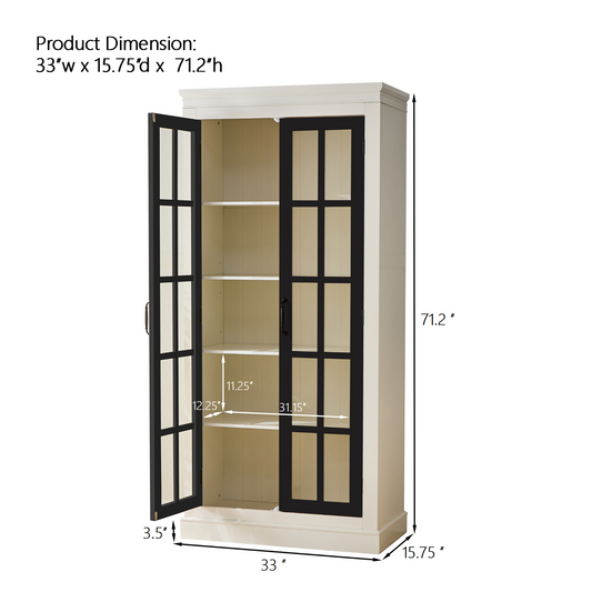 71.2  Freestanding Glass Door Pantry, Farmhouse Style Display Cabinets, Curio Cabinet With Lattice Window For Hallways, Livingroom Kitchen & Office, White & Balck