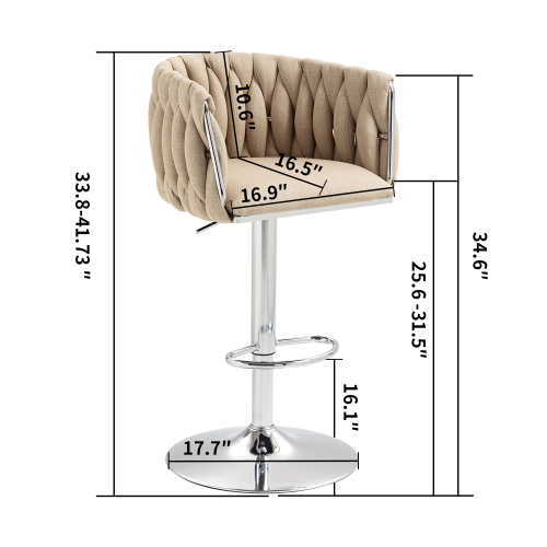 360 Fabric Cover Swivel Bar Stools Set Of 2, Adjustable Counter Height Bar Chairs With Woven Back & Footrest, Silver Chromed Bar Stools For Kitchen Island, Cafe, Pub