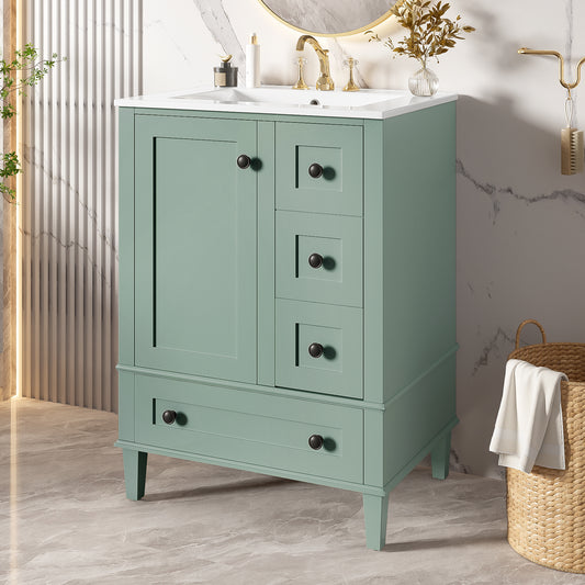 24-inch Light Green Bathroom Vanity With An Integrated Ceramic Basin, Featuring A Door-mounted Double-layer Shelf, Soft-close Drawers, And A Soft-close Cabinet Door