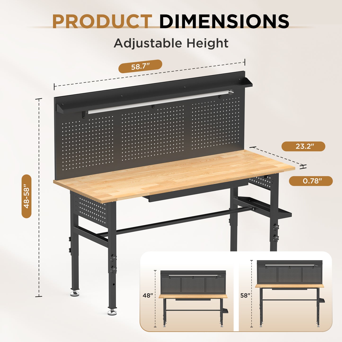 60in  Workbench With Drawers ,Solid Wood Top, 2000 Lbs Capacity, Adjustable Height Garage Work Table With Power Outlet, LED Light, Wheels Or Leveling Feet