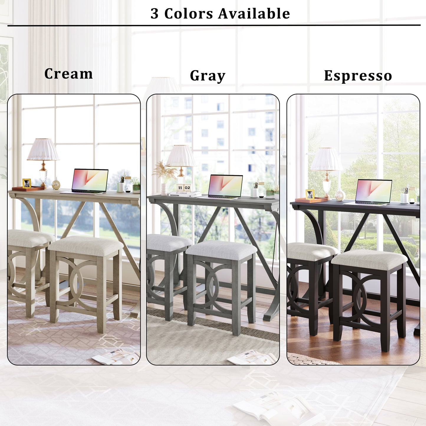 TOPMAx Farmhouse 3- Piece Counter Height Dining Table Set With USB Port And Upholstered Stools Gray