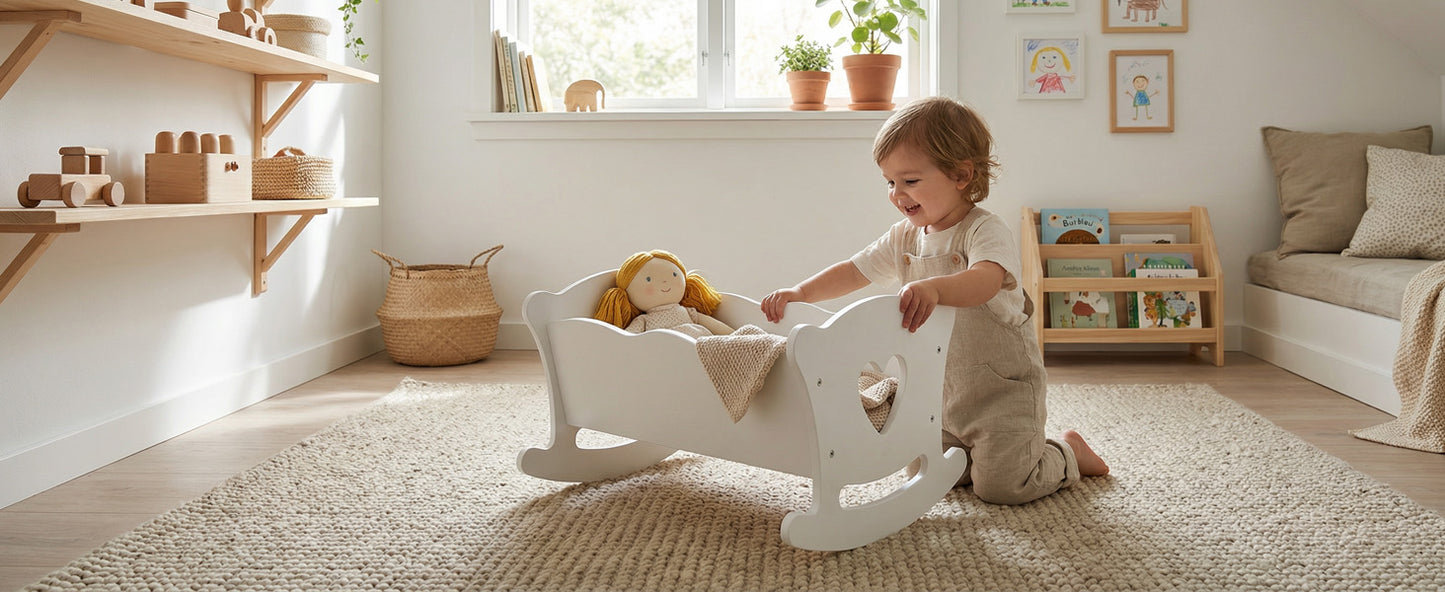 Wooden Play Doll Cradle Rocking Baby Doll Crib With Pink Bedding Set For Dolls Up To 20 Inches