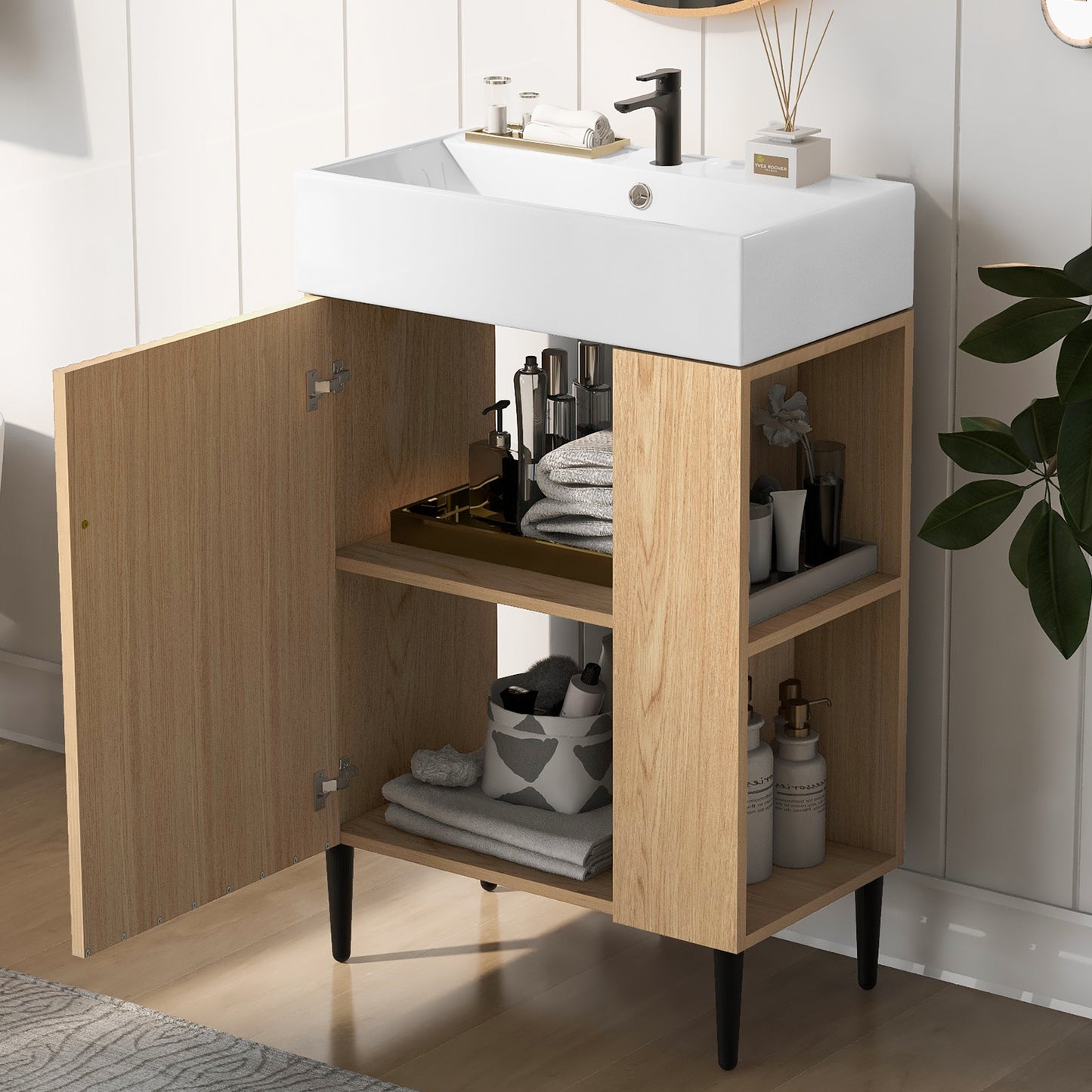21.6  Wood Bathroom Vanity, Combo Cabinet, Bathroom Storage Cabinet, Single Ceramic Sink, Right Side Storage