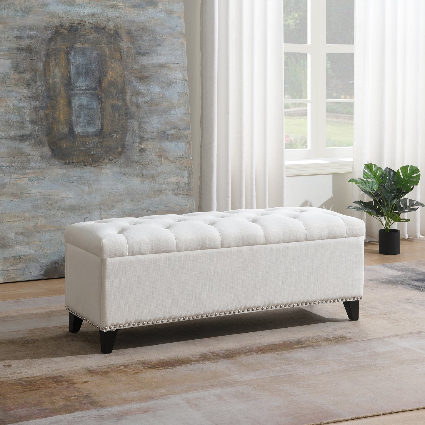 47.5  Storage Ottoman, Storage Bench With Safety Close Hinge, Linen Button-Tufted Ottoman For Living Room, Entryway, Hallway, Foot Rest, Support 500lbs - Beige