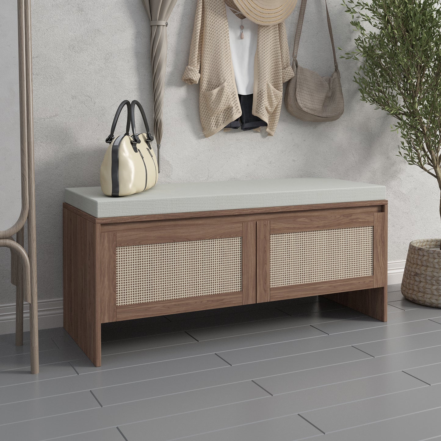 PP Rattan Storage Bench With Cushion, Faux Rattan Shoe Cabinet With 2 Doors, Mid-Century Modern Wood Entryway Seat, For Bedroom, Hallway, Mudroom, Natural Finish