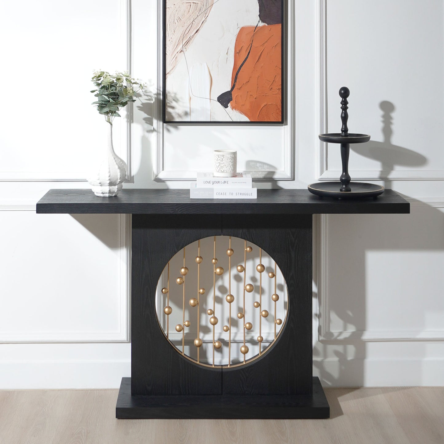 Modern Black Console Table With Gold Accent, Decorative Entryway Table,56in Wood Console Table, Narrow Sofa Table For Entrance, Living Room, Hallway