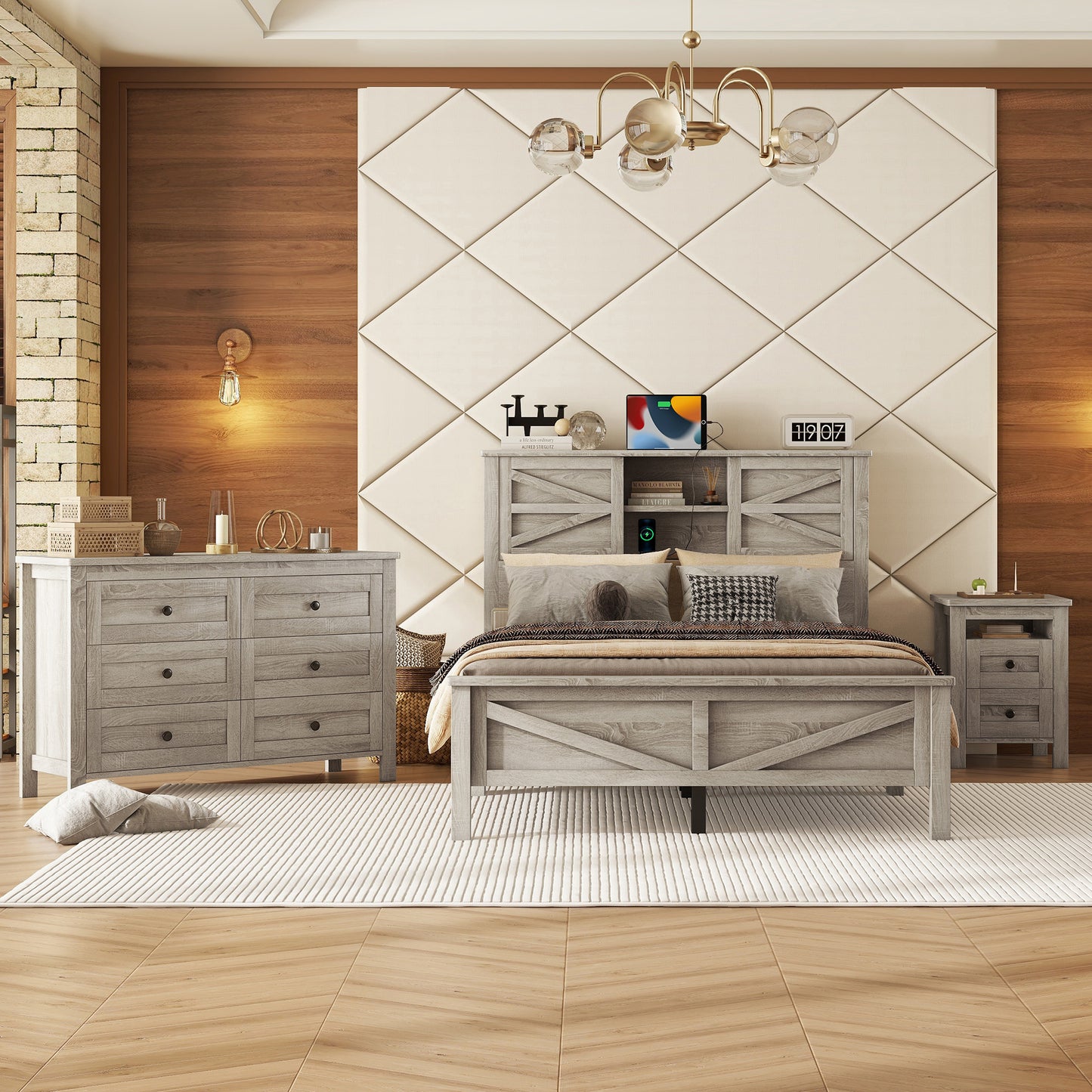 3-Pieces Bedroom Sets Full Size Farmhouse Platform Bed With Double Sliding Door Storage Headboard And Charging Station, Storage Nightstand And Dresser, Antique Gray Old SKU HL000091AAG