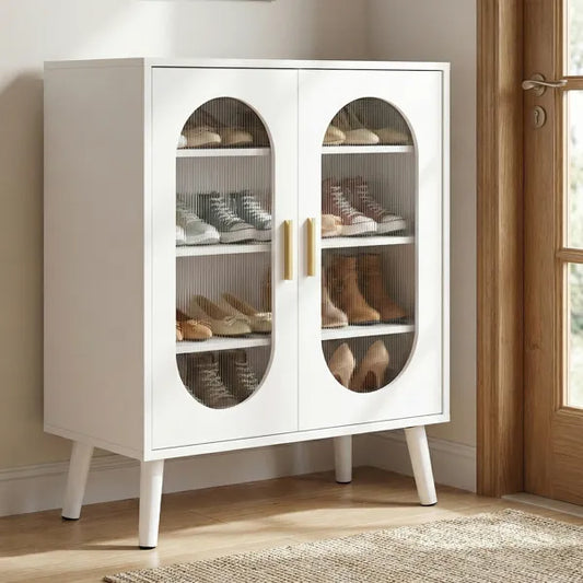 Two-door, Polycarbonate Sheet Shoe Cabinet With Four Internal Layers, USB LED Strip, And 24 Adjustable Buttons. Made Of Particleboard And Polycarbonate Sheet. Dimensions: 68*40*83.5 Cm. White