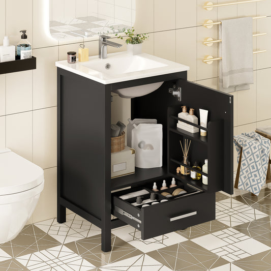 20-Inch Modern Bathroom Vanity With Ceramic Sink, Soft-Close Drawer & Door, Double-Layer Door Organizer, Divider Drawer, Adjustable Foot Pads -Space-Saving Storage Design