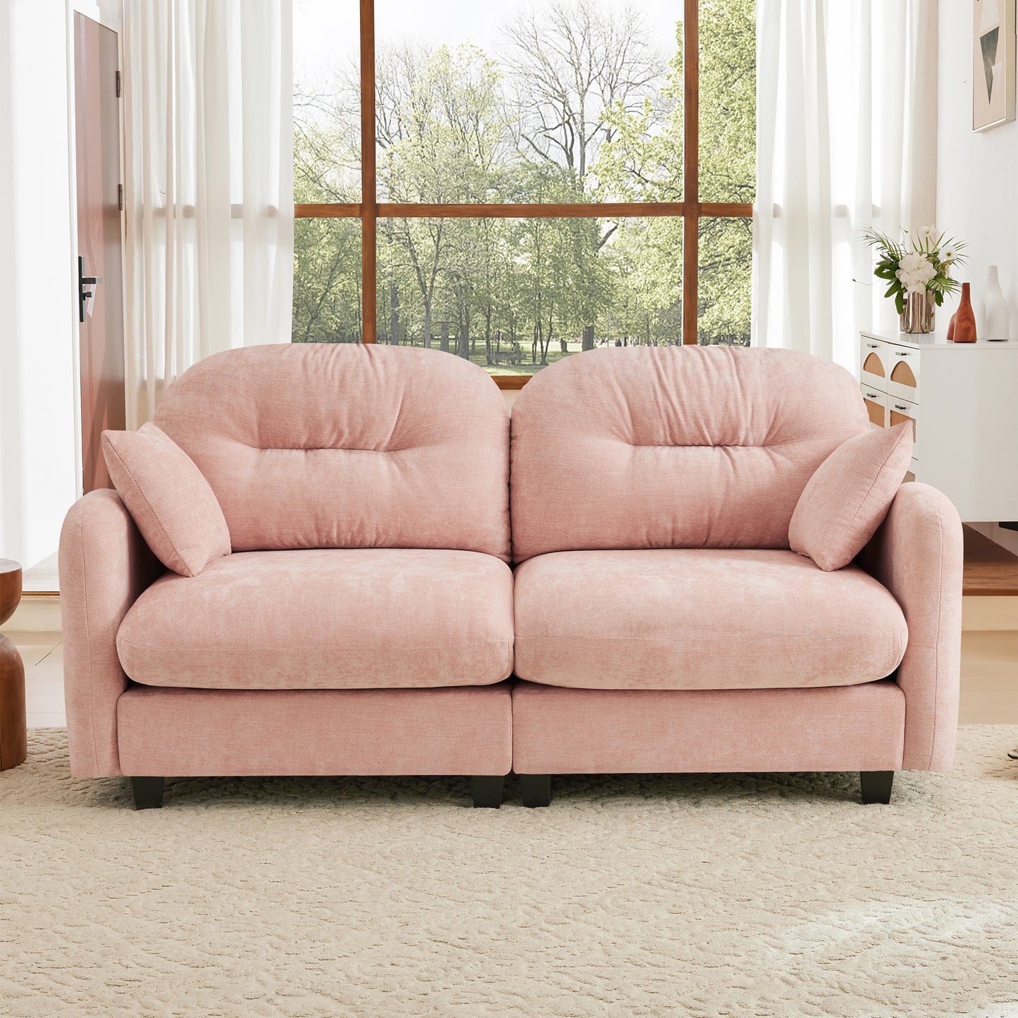 Loveseat Cloud Sectional Couches Chenille Fabric,Quilted Pleated Design, Ergonomic Design,High-Density Foam Easy Install Elegant Armrests High Quality Wooden Base,Fits Living Rooms,Pink