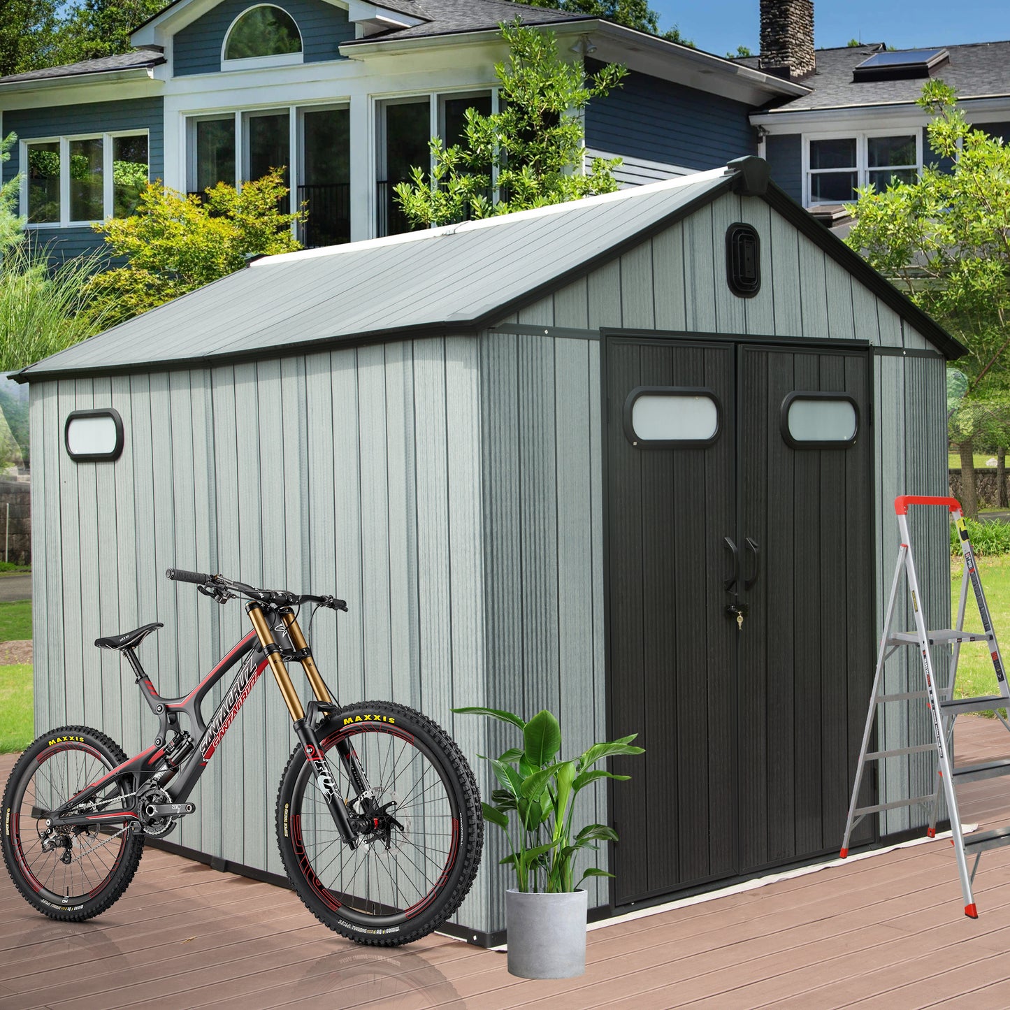 8X10FT Outdoor Resin Storage Shed, Waterproof Plastic Garden Shed With Lockable Door, Windows & Vents, Outside Tool Storage Shed For Patio Furniture, Lawn Mower, Bike