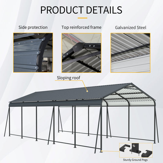 13x26.5 FT Carport, Heavy Duty Carport Canopy With Galvanized Steel Roof And Frame, Metal Carport Large Garage With 6 Fixed Inclined Square Tube Supports For Driveway Car, Truck
