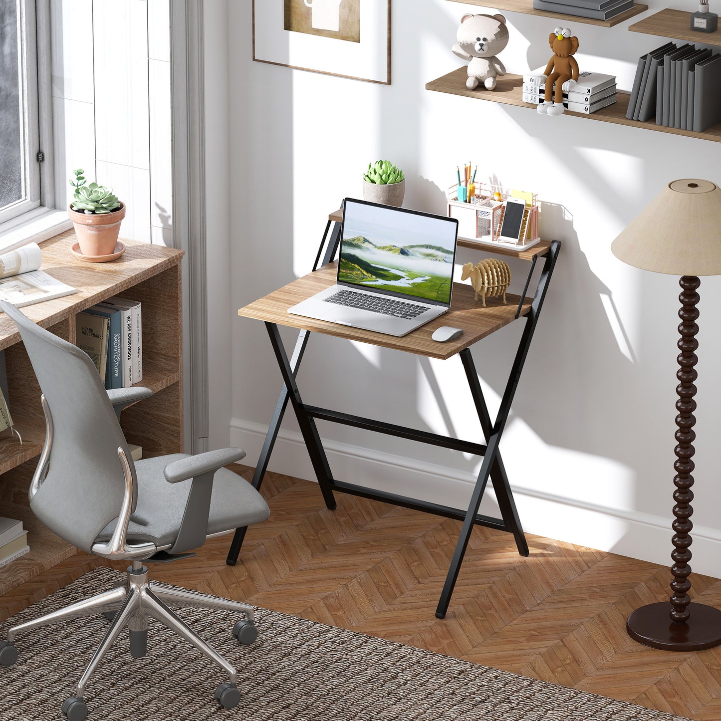 Folding Computer Desk, 27.6 Foldable Desk With Monitor Shelf For Small Space, Home Office, Study, Easy Assembly, Walnut