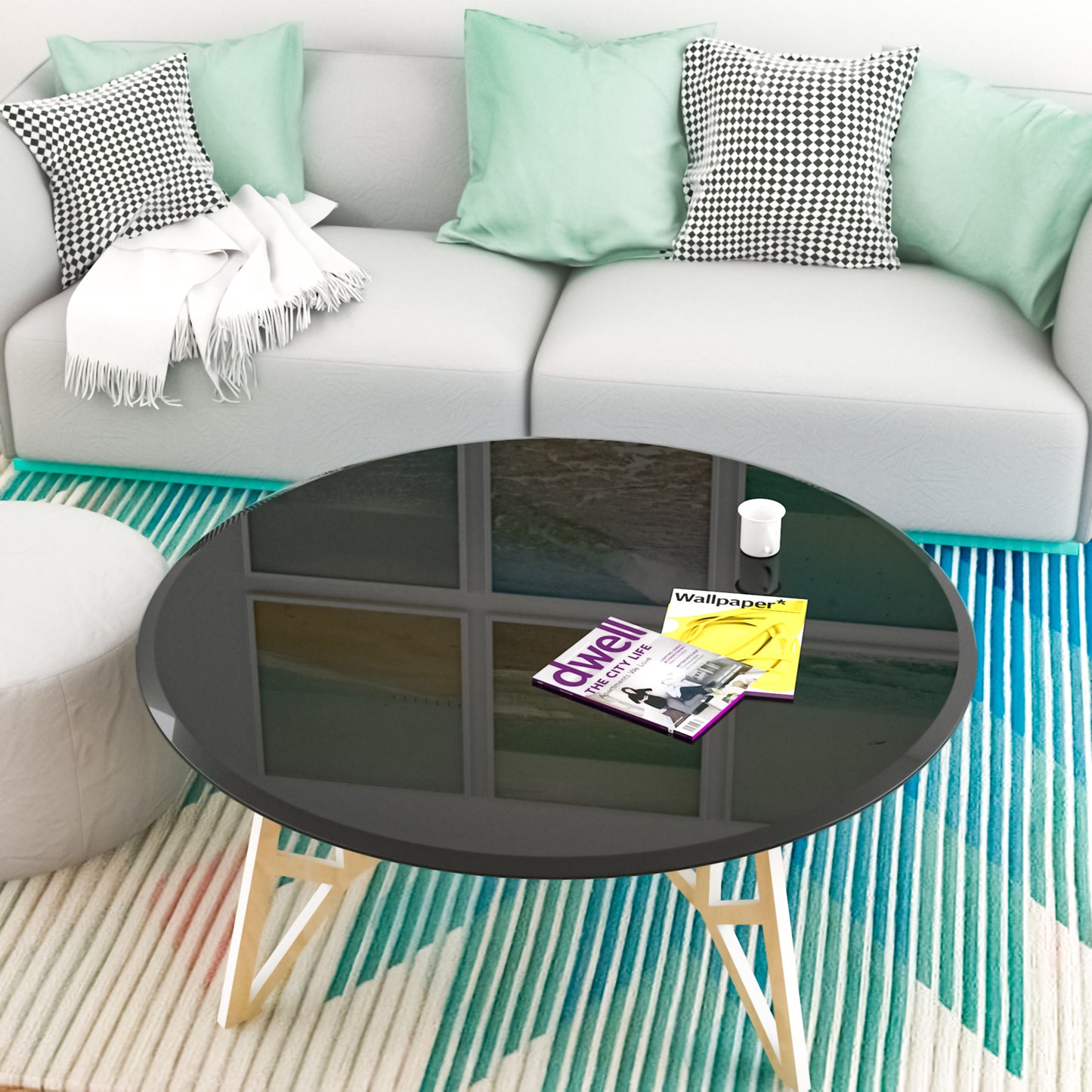 38.6  Inch Round Tempered Glass Table Top Black Glass 0.5 Inch Thick Beveled Polished Edge