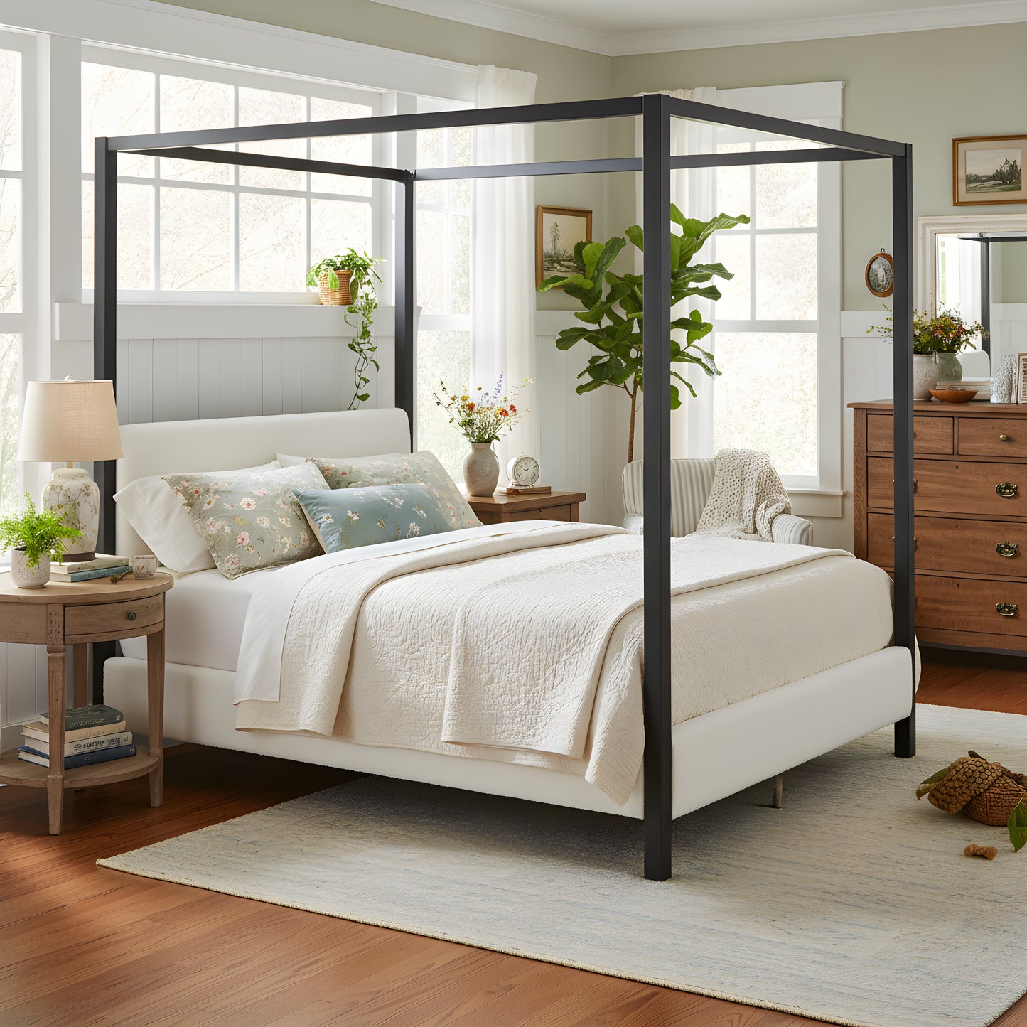 Modern Black Metal Canopy Bed With Plush White Boucle Upholstery, Queen