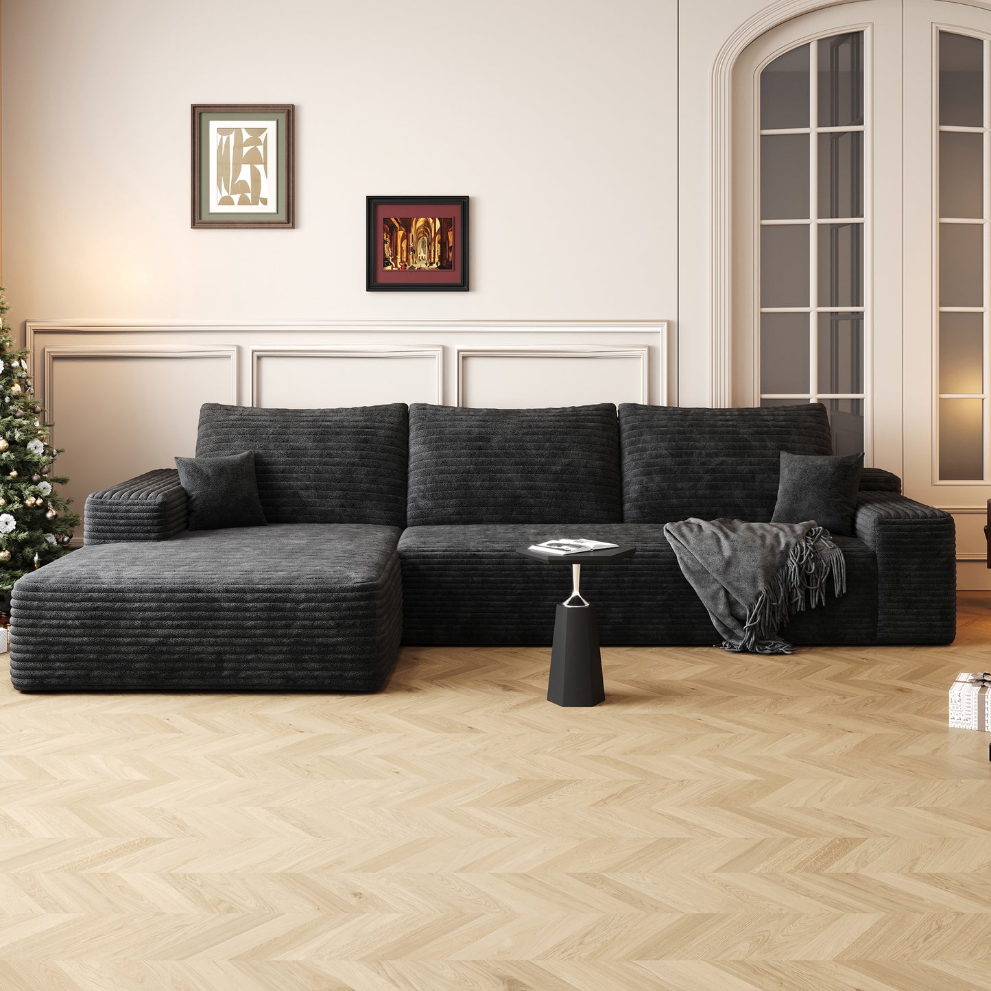 107  Cloud Sectional Couch With L-Shape Chaise,Modern Modular Sofa With Deep Seat, Upholstered Couches For Living Room Bedroom,No Assembly Required  Plush Corduroy Fabric ,Black