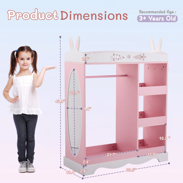 Pink And White MDF And Particle Board, Painted And Veneered, Bunny Ear Design, 1 Mirror With 3 Shelves, 1 Clothes Rod, Children's Wardrobe
