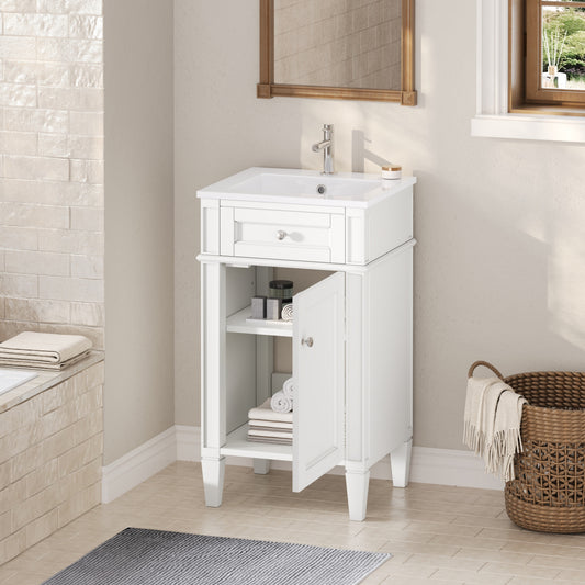 18-inch Bathroom Vanity With Ceramic Sink, Freestanding Single Vanity Set With Soft Closing Door, Adjustable Shelf, French Style, Solid Feet, White